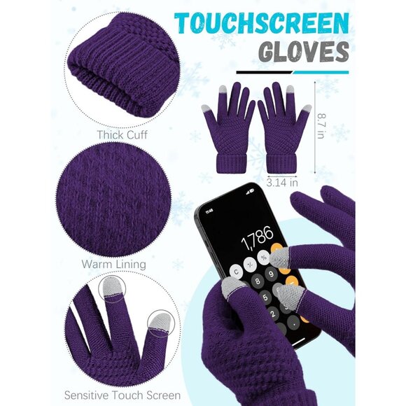 Women Purple Knit Beanie Hat, Gloves, Scarf & Ear Warmer Set - Winter - Picture 3 of 7